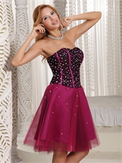 Black Lace With Crystals Magenta Tulle Short Prom Dresses Inexpensive