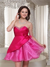 Hot Pink Organza Mini-length Prom Cocktail Dress With Beading