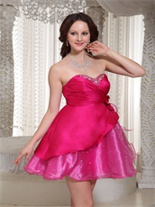 Hot Pink Organza Mini-length Prom Cocktail Dress With Beading