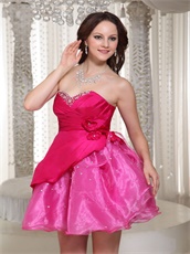 Hot Pink Organza Mini-length Prom Cocktail Dress With Beading