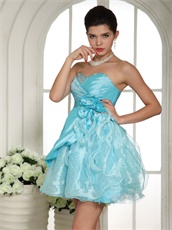 Strapless Aqua Blue Cocktail Dress Mini-length Skirt Wave Point Inside