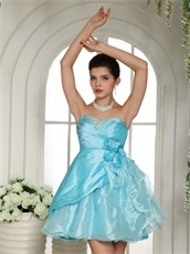 Strapless Aqua Blue Cocktail Dress Mini-length Skirt Wave Point Inside