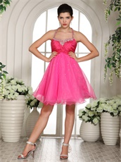 Top Spaghetti Straps Halter Hot Pink Prom Dress Knee-length Cheap