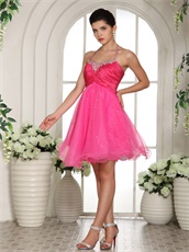 Top Spaghetti Straps Halter Hot Pink Prom Dress Knee-length Cheap