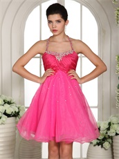 Top Spaghetti Straps Halter Hot Pink Prom Dress Knee-length Cheap