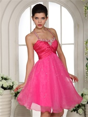 Top Spaghetti Straps Halter Hot Pink Prom Dress Knee-length Cheap