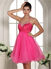 Top Spaghetti Straps Halter Hot Pink Prom Dress Knee-length Cheap