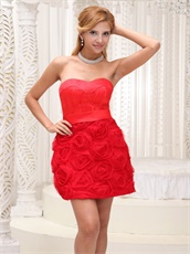 Rolled Flower Fabric Red Prom Dress For Stage Performance Wholesale