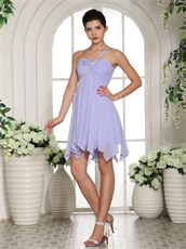 Summer One Shoulder Knee Length Chiffon Lavender Dress For Bridesmaid Group