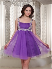 Appliques Decorate Straps Short Purple Sparkle Tulle Prom Dress For Maternity