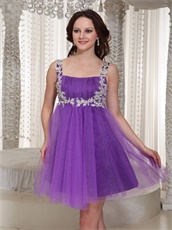 Appliques Decorate Straps Short Purple Sparkle Tulle Prom Dress For Maternity