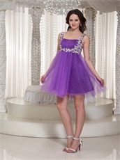 Appliques Decorate Straps Short Purple Sparkle Tulle Prom Dress For Maternity