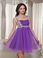 Appliques Decorate Straps Short Purple Sparkle Tulle Prom Dress For Maternity