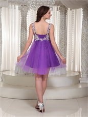 Appliques Decorate Straps Short Purple Sparkle Tulle Prom Dress For Maternity