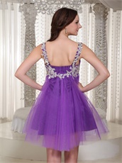 Appliques Decorate Straps Short Purple Sparkle Tulle Prom Dress For Maternity