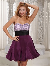 Dark Purple Satin Sweetheart Prom Cocktail Dress With Black Belt