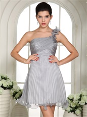 Silver One Shoulder Knee Length Prom Dress By Wrinkled Organza