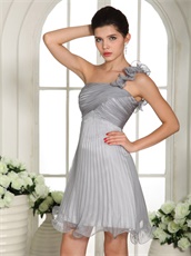 Silver One Shoulder Knee Length Prom Dress By Wrinkled Organza