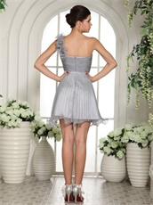 Silver One Shoulder Knee Length Prom Dress By Wrinkled Organza