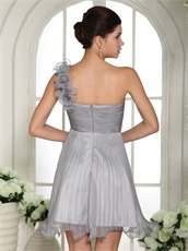 Silver One Shoulder Knee Length Prom Dress By Wrinkled Organza