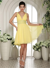 Bright Yellow Sexy Deep V Neckline Short Prom Cocktail Dress Cross Back