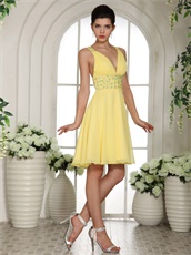 Bright Yellow Sexy Deep V Neckline Short Prom Cocktail Dress Cross Back
