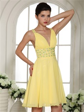 Bright Yellow Sexy Deep V Neckline Short Prom Cocktail Dress Cross Back