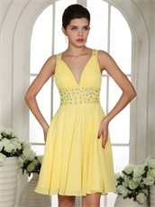 Bright Yellow Sexy Deep V Neckline Short Prom Cocktail Dress Cross Back