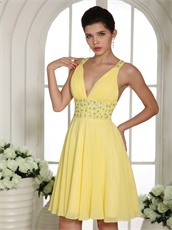 Bright Yellow Sexy Deep V Neckline Short Prom Cocktail Dress Cross Back