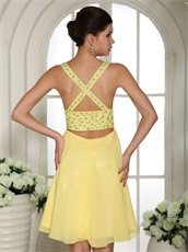 Bright Yellow Sexy Deep V Neckline Short Prom Cocktail Dress Cross Back