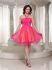 Hot Pink Chiffon Short Halter Prom Gowns Orange Lining Inside Contrast