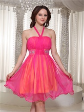 Hot Pink Chiffon Short Halter Prom Gowns Orange Lining Inside Contrast