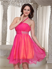 Hot Pink Chiffon Short Halter Prom Gowns Orange Lining Inside Contrast