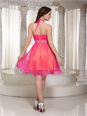 Hot Pink Chiffon Short Halter Prom Gowns Orange Lining Inside Contrast