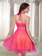 Hot Pink Chiffon Short Halter Prom Gowns Orange Lining Inside Contrast