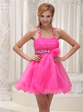 Hot Pink Waist Seam Bead and Flower Sweet 16 Girl Dress Halter