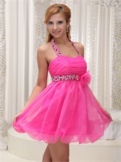 Hot Pink Waist Seam Bead and Flower Sweet 16 Girl Dress Halter