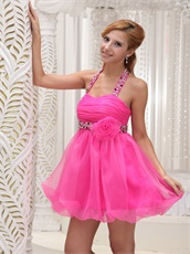 Hot Pink Waist Seam Bead and Flower Sweet 16 Girl Dress Halter