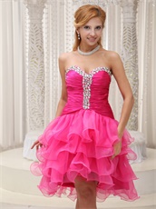 Lovely Hot Pink High-low Organza Cocktail Gown 4 Layers Skirt Popular