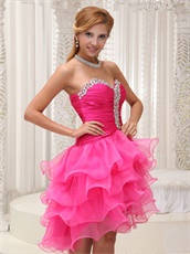 Lovely Hot Pink High-low Organza Cocktail Gown 4 Layers Skirt Popular