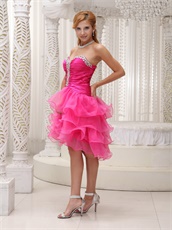 Lovely Hot Pink High-low Organza Cocktail Gown 4 Layers Skirt Popular