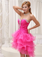 Lovely Hot Pink High-low Organza Cocktail Gown 4 Layers Skirt Popular