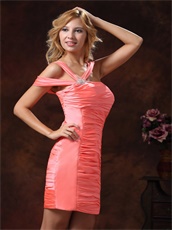 Watermelon Asymmetrical Neckline and Ruched Over Skirt For Prom Wear
