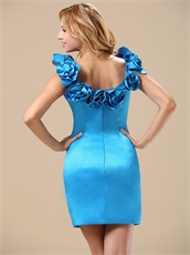 Hand Made Flowers Round Scoop Collar Sky Blue Night Banquet Dress Short