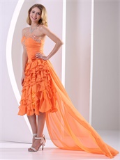 Orange Chiffon Shank Length Ruffles Prom Dresses With Detachable Train