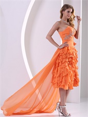 Orange Chiffon Shank Length Ruffles Prom Dresses With Detachable Train