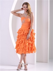 Orange Chiffon Shank Length Ruffles Prom Dresses With Detachable Train