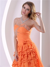 Orange Chiffon Shank Length Ruffles Prom Dresses With Detachable Train