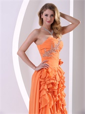 Orange Chiffon Shank Length Ruffles Prom Dresses With Detachable Train