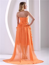 Orange Chiffon Shank Length Ruffles Prom Dresses With Detachable Train